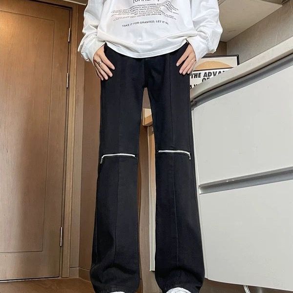 高街美式hiphop破洞拉链牛仔裤宽松直筒潮牌设计感显瘦痞帅裤子男