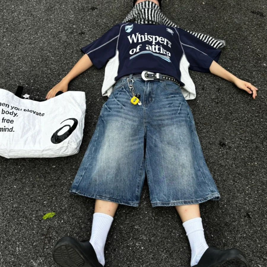 春夏新款闪电纹七分牛仔裤男款宽松直筒潮牌时尚休闲短裤水洗复古