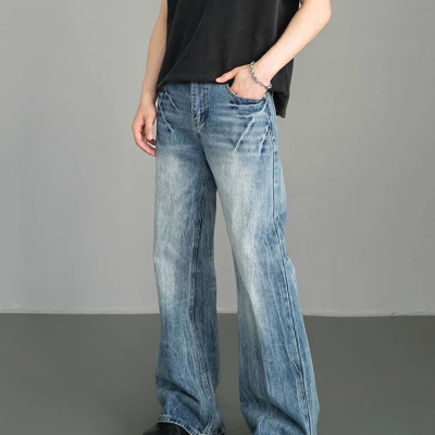 美式高街扎花闪电裂纹牛仔裤男款