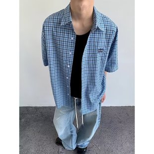 宽松POLO衫 美式 男女夏季 复古格纹刺绣短袖 T恤设计感情侣外套 衬衫