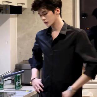 雅痞风黑色衬衫男修身长袖意式西装内搭高级感衬衣打底衫韩系上衣