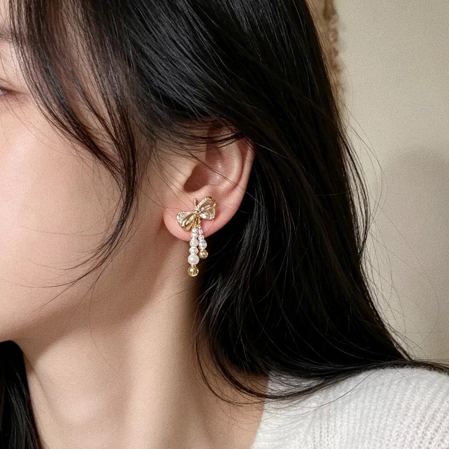 韩国进口精致蝴蝶结珍珠耳钉女小众设计感高级气质耳环耳饰