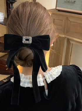 韩国黑色复古蝴蝶结方锆发夹女2025新款富家千金水钻发卡小香发饰