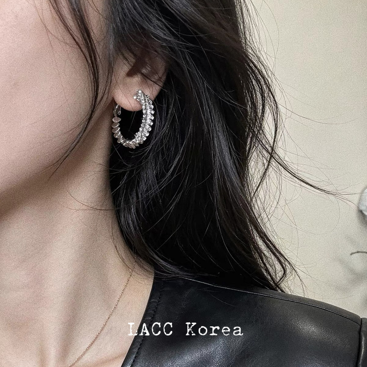 韩系ins风碎银子镶钻耳圈女小众设计感C型耳圈通勤气质银针耳饰