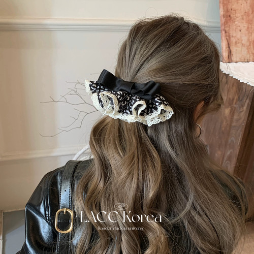 韩系豹纹蕾丝荷叶边蝴蝶结弹簧夹