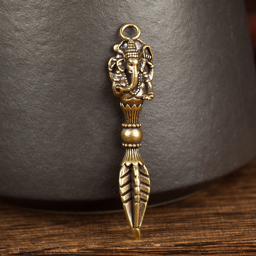 黄铜象神头金刚杵降魔柱橛复古做旧密宗藏式法器钥匙扣挂件项吊坠
