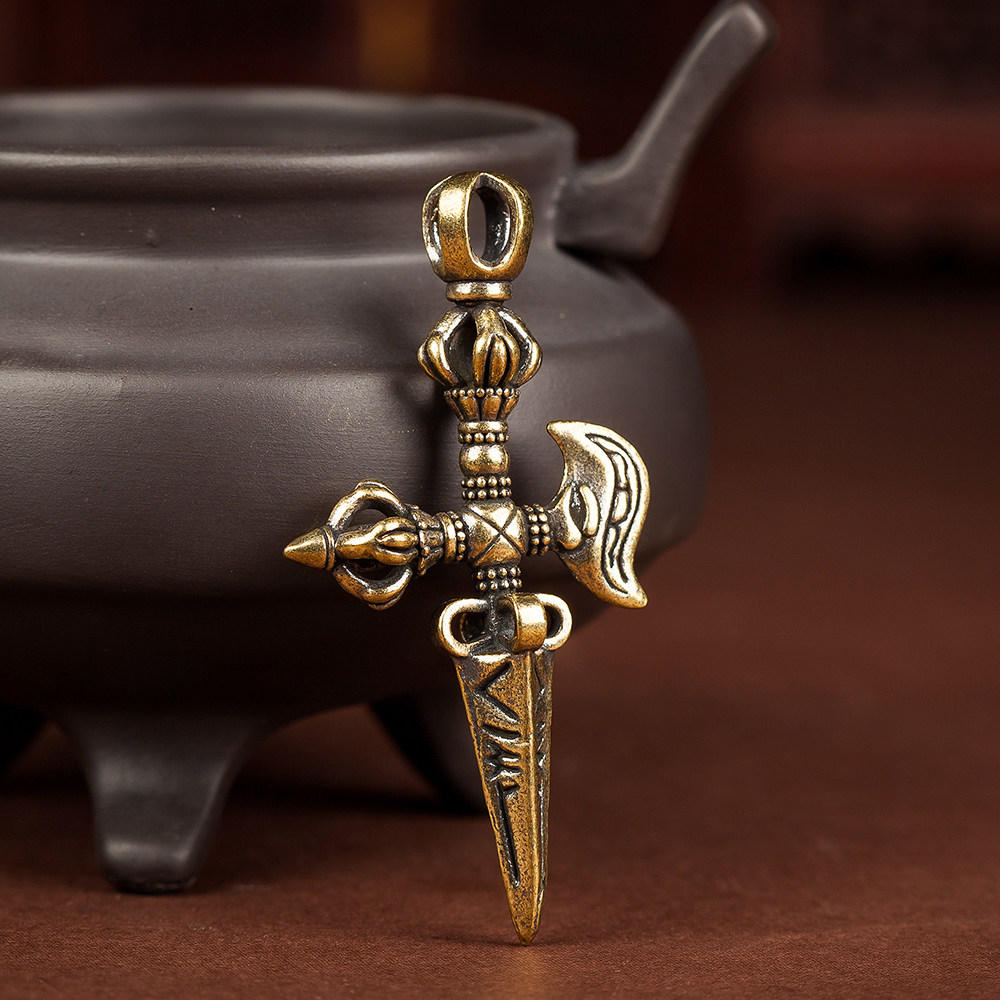 黄铜斧头降魔杵十字斧金刚柱橛藏式密宗复古做旧钥匙扣挂件链吊坠
