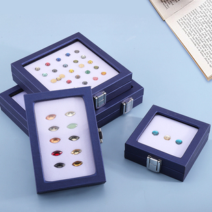 宝石盒珠宝盒黑漆皮玻璃盒带锁扣彩宝盒天窗盒彩宝裸石戒面展示箱