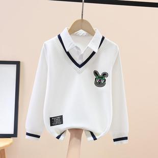 男童卫衣带领2025新款儿童春秋加绒长袖打底中大童男孩上衣假两件