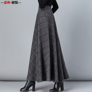 2025秋冬毛呢格子半身裙女百搭高腰A字裙中长款 长裙 加厚显瘦大码