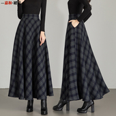 2025秋冬新款 复古格子毛呢半身裙高腰A字裙大摆跳舞裙仙女长裙子