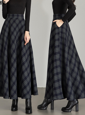 2025秋冬新款复古格子毛呢半身裙高腰A字裙大摆跳舞裙仙女长裙子