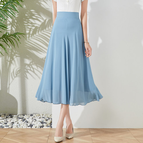 2025夏季新款浅蓝纯色雪纺半身裙中长款高腰A字裙大摆舞裙仙女裙