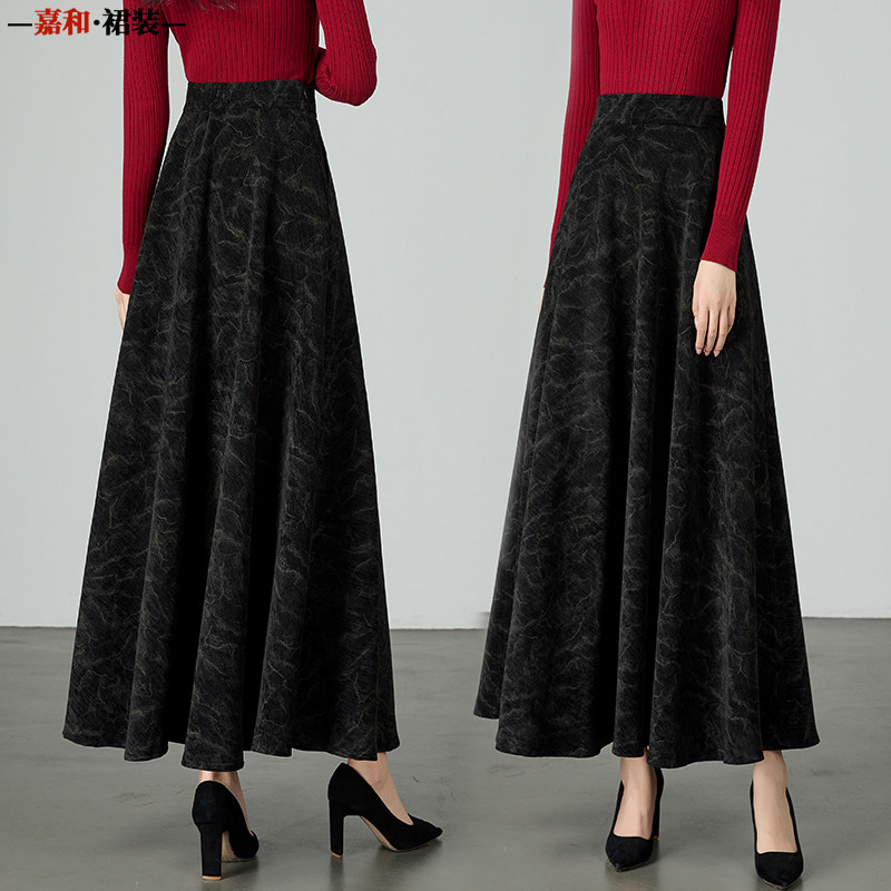 2024秋冬季新款复古黑色水墨印花半身裙高腰A字裙女大摆长裙舞裙