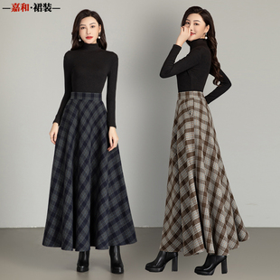 秋冬咖色格子毛呢半身裙2024新款 复古高腰A字裙显瘦大摆长裙舞裙
