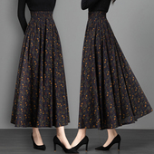 春秋季 新款 复古碎花棉麻半身裙女显瘦大摆裙高腰a字裙跳舞长裙子