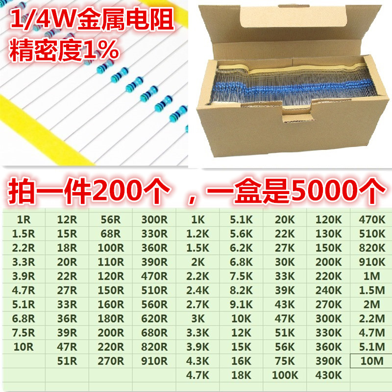 1/4w金属电阻色环电阻多种阻值