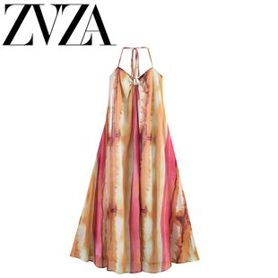 ZA 夏季新款 ZV女装 欧美风 法式时尚百搭扎染印花吊带挂脖连衣裙