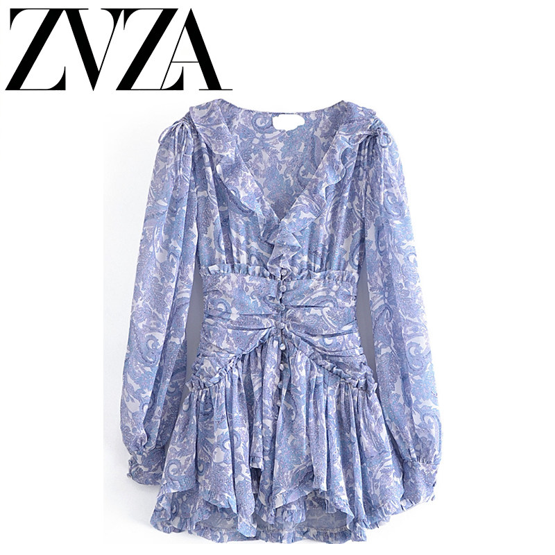 ZA 夏季新款 ZV女装 欧美风 气质复古风仙女碎花腰封设计感连衣裙