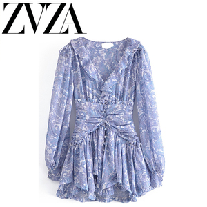 ZA 夏季新款 ZV女装 欧美风 气质复古风仙女碎花腰封设计感连衣裙