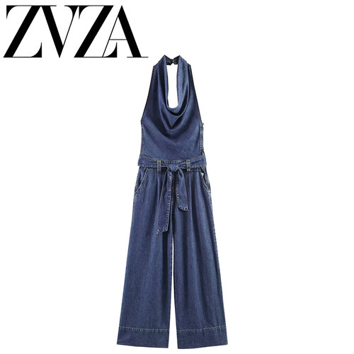 ZA 夏季新款 ZV女装 欧美风 时尚百搭简约挂脖牛仔连体裤7147030
