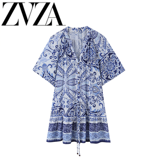 ZA 夏季新款 ZV女装 欧美风 时尚款腰部系带衬衫式连衣裙1355267