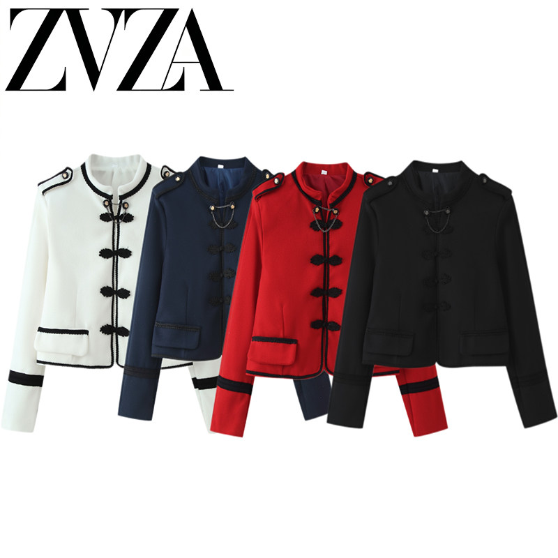 ZA 夏季新款 ZV女装 欧美风 时尚百搭款花边装饰立领长袖呢子外套