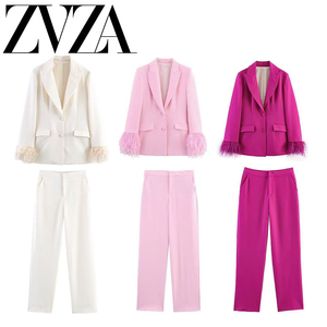 ZA 夏季新款 ZV女装 欧美风 时尚款羽毛袖口西装外套+飘逸直筒裤