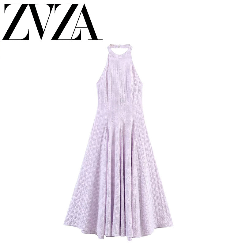 ZA 夏季新款 ZV女装 欧美风 时尚百搭简约格纹挂脖连衣裙 3152382