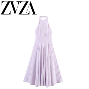 ZA 夏季新款 ZV女装 欧美风 时尚百搭简约格纹挂脖连衣裙 3152382
