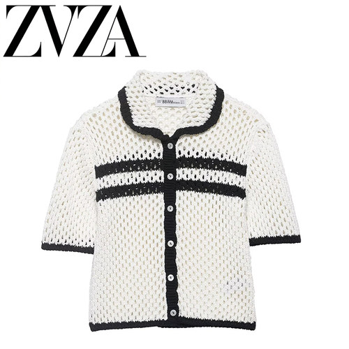 ZA 夏季新款 ZV女装 欧美风 时尚百搭简约 POLO 衫领镂空针织外套