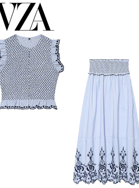 ZA 夏季新款 ZV女装 欧美风 时尚刺绣格子上衣半身裙套装8741062
