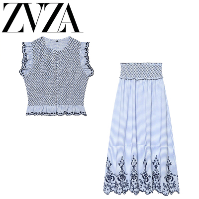 ZA 夏季新款 ZV女装 欧美风 时尚刺绣格子上衣半身裙套装8741062