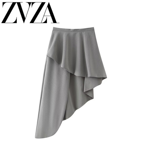 ZA 夏季新款 ZV女装 欧美风 时尚百搭纯色设计高级感不对称半身裙