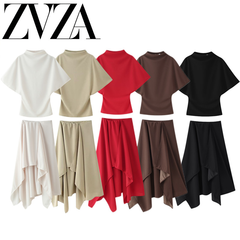 ZA 夏季新款 ZV女装 欧美风 时尚垂性半高领上衣不对称垂坠感裙子