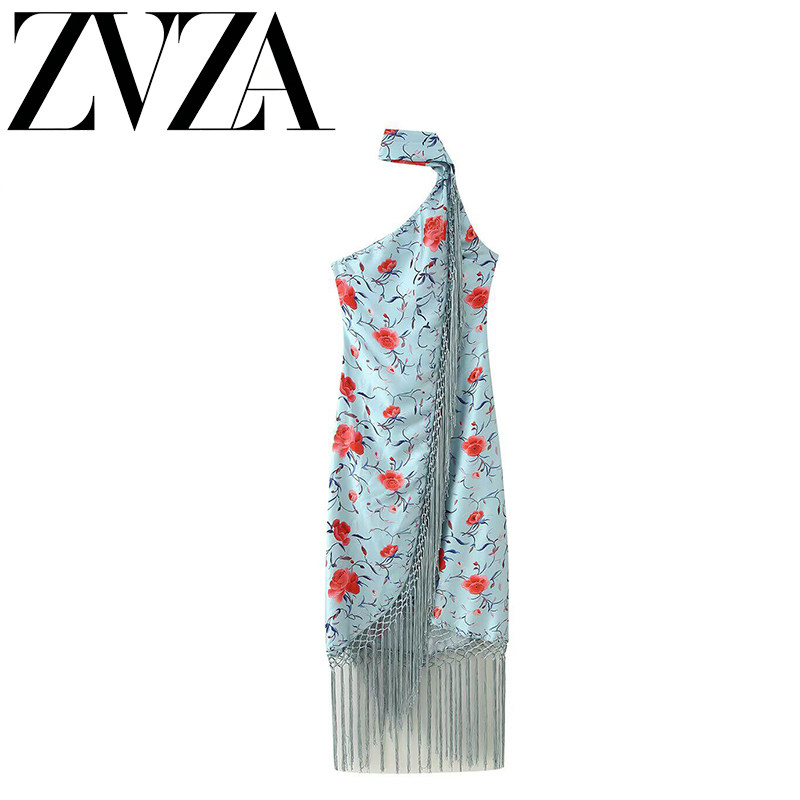 ZA 夏季新款 ZV女装 欧美风 时尚百搭流苏饰印花斜肩挂脖连衣长裙