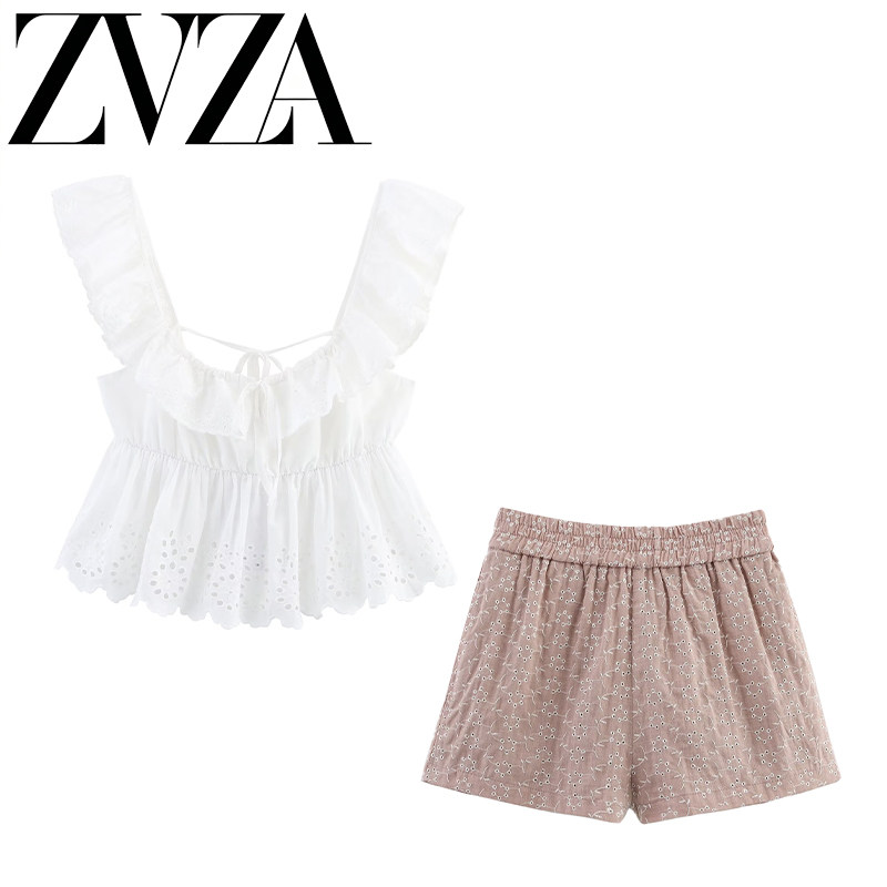 ZA 夏季新款 ZV女装 欧美风 镂空刺绣叠层装饰上衣+休闲短裤套装