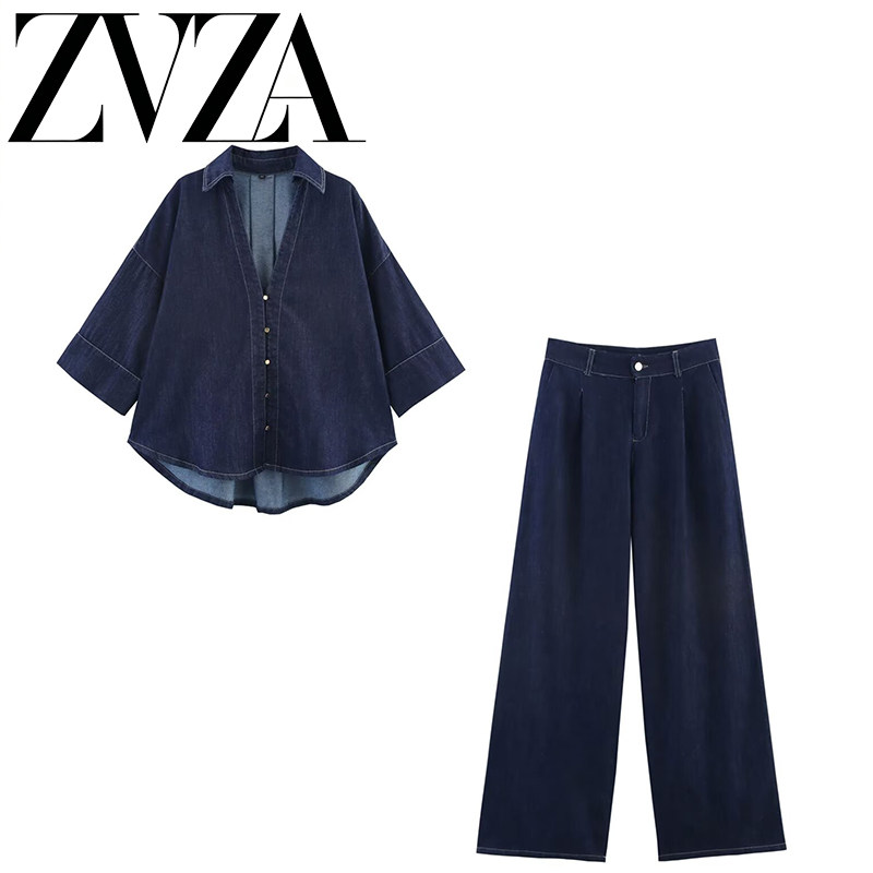ZA 夏季新款 ZV女装 欧美风 宽袖衬衫+宽腿高腰褶裤套装女2783781