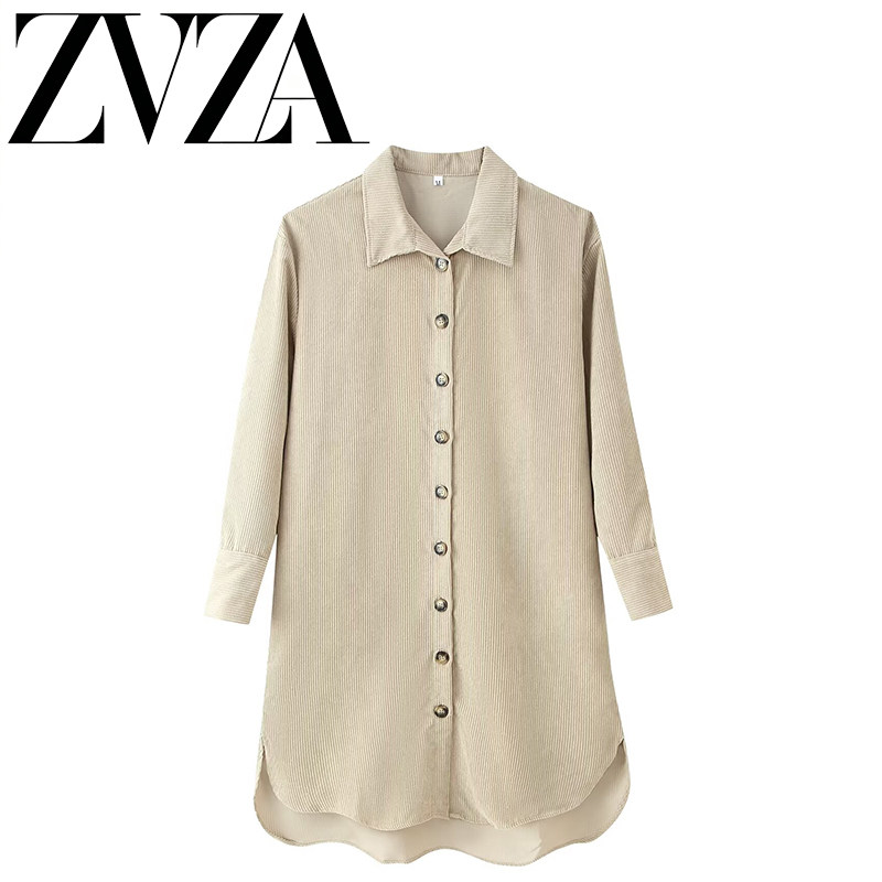 ZA 夏季新款 ZV女装 欧美风 时尚设计感灯芯绒排扣饰长款衬衫外套