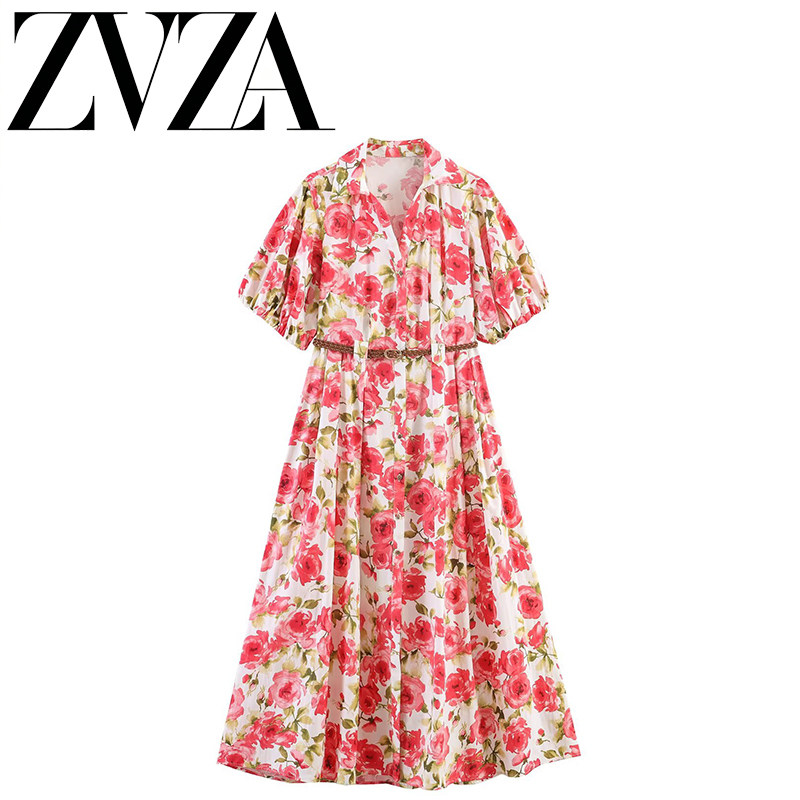 ZA 夏季新款 ZV女装 欧美风 时尚款配腰带花卉印花连衣裙5029243