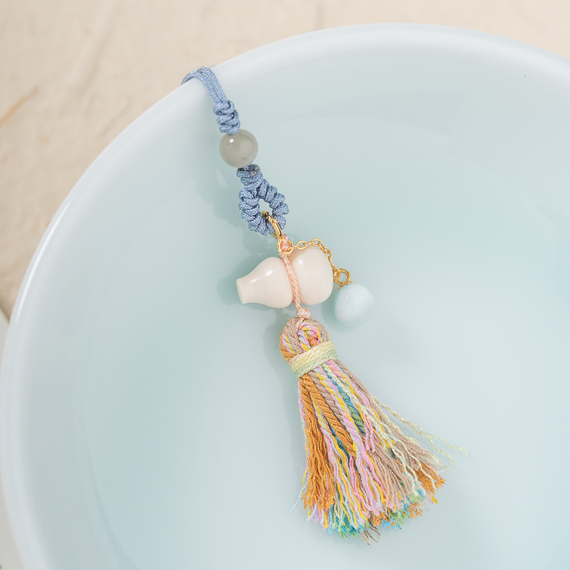 猛犸牙6mm+海纹石葫芦手机挂和田玉硬绳流苏