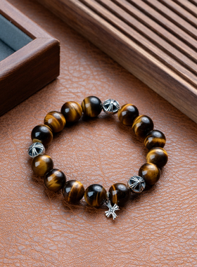 虎眼石12mm单圈手串天然宝石s925银十字架滴溜潮流小众原创设计