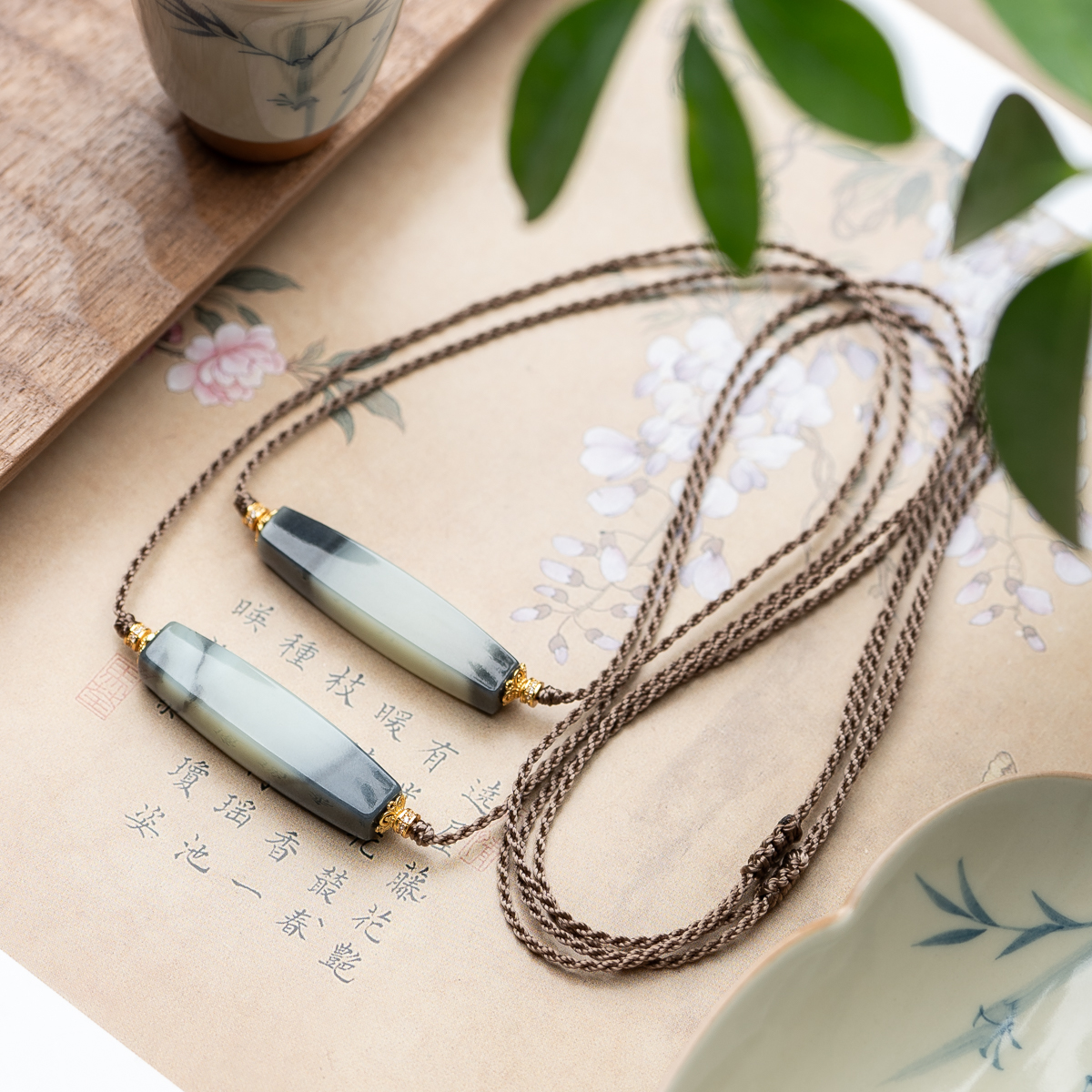 青花籽料和田玉焦墨留白吊坠脖挂项链百搭毛衣链（多样性发其一）