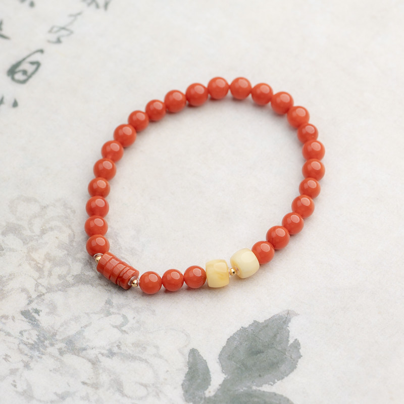 【18K】南红5mm+白花蜜蜡桶珠单圈手串百搭叠戴显白轻奢饰品