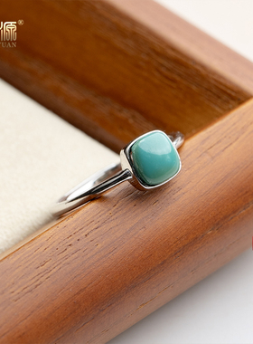 绿松石方型开口戒指银指环轻奢小众高级复古尾戒男女