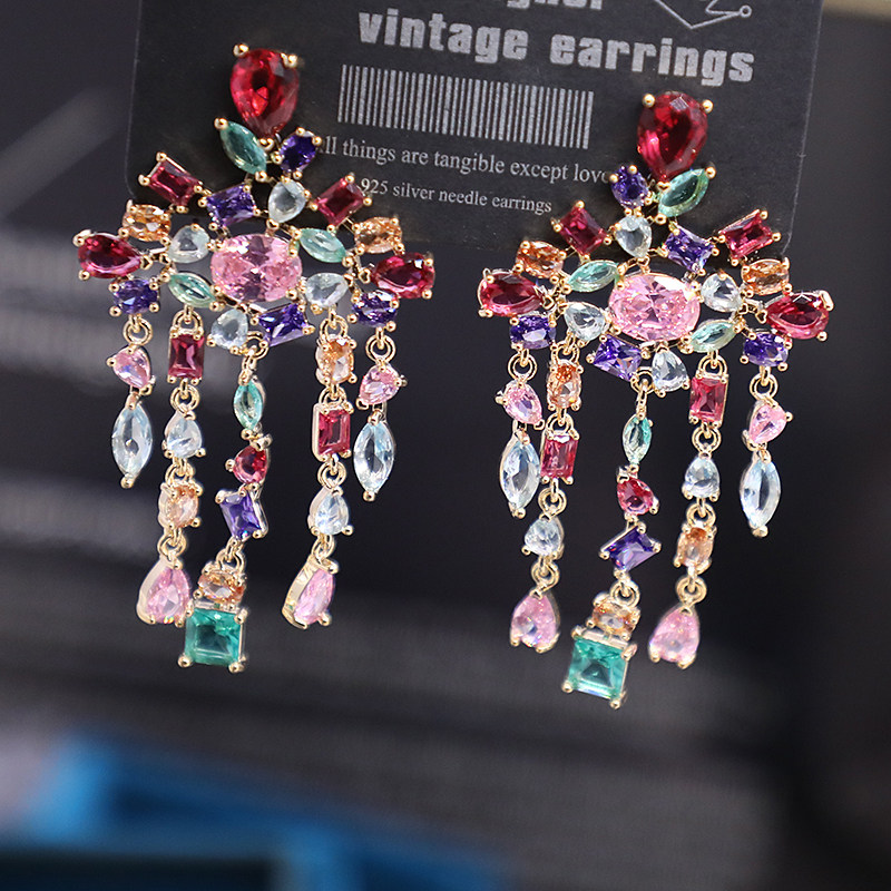 重工微镶钻时尚彩色珠宝款长款流苏耳环欧美时尚个性经典款耳坠,饰品/流行首饰/时尚饰品新,耳环,淘宝优惠券,粉丝福利购,淘宝优惠卷