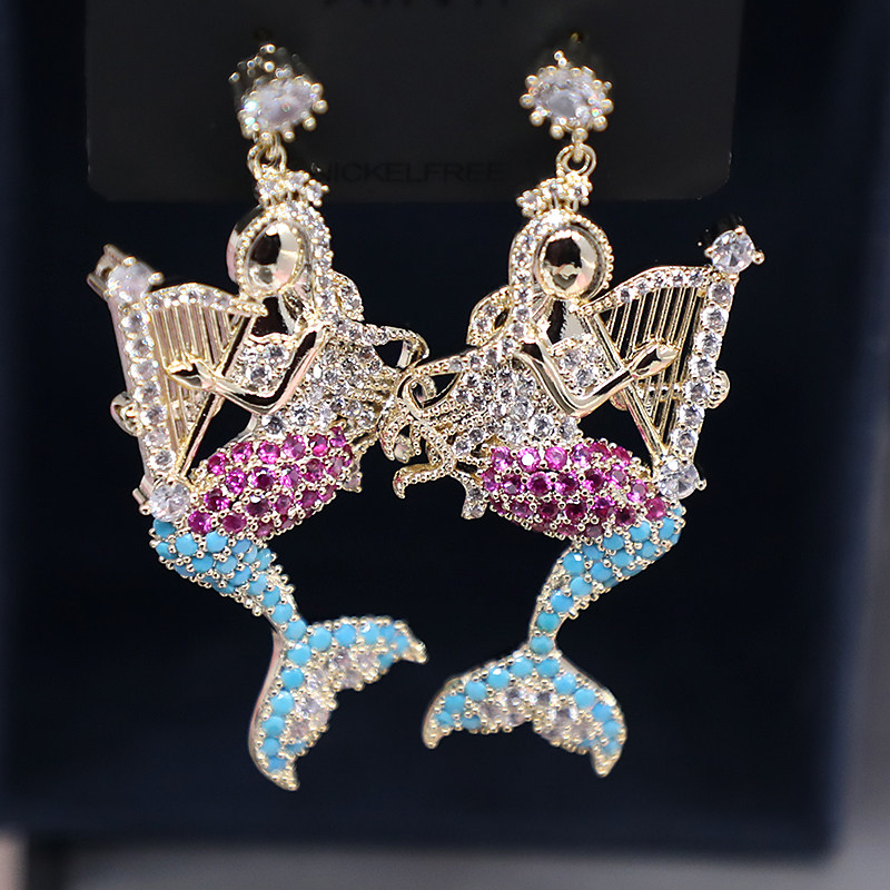 韩版重工夕瑶饰品新款海洋生物女耳饰欧美微镶锆钻竖琴美人鱼耳环