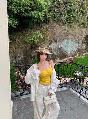 亚麻宽松翻领衬衫女夏季套装黄色短款吊带抽绳阔腿裤休闲裤三件套