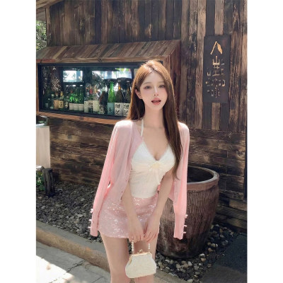 宅女家袖口蝴蝶结针织开衫女春季粉色薄款防晒外套休闲长袖上衣