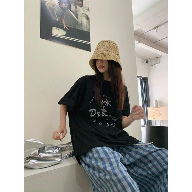 宅女家慵懒风椰子树印花黑色短袖T恤女装春季格子休闲裤两件套
